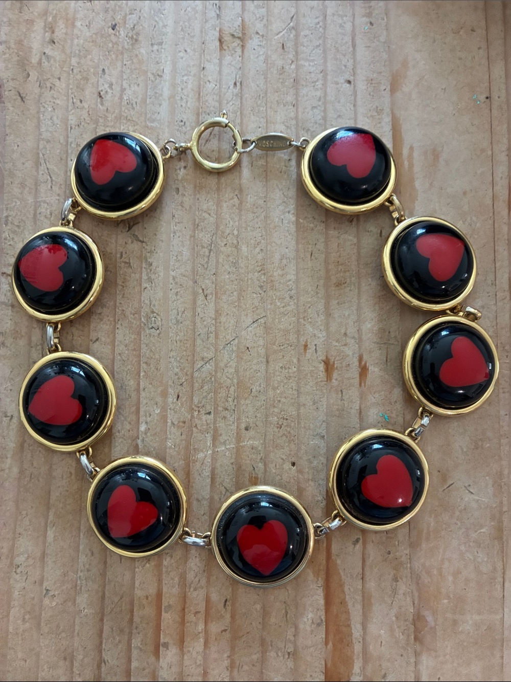 Moschino Statement Necklace Gold Black Enamel Red Hearts